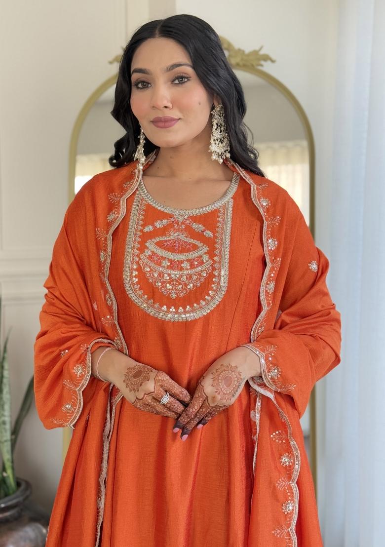 Orange Vichitra Silk Embroidered Kurta Set