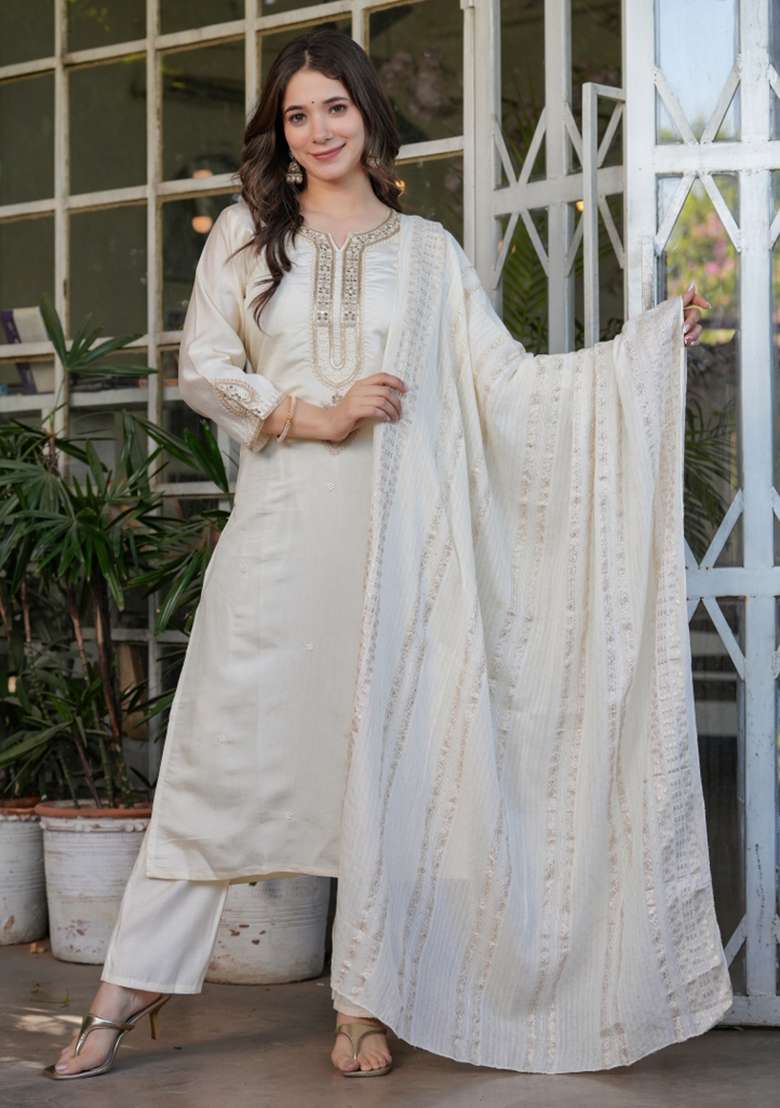 White Embroidered Viscose Straight Kurta Set - Indya