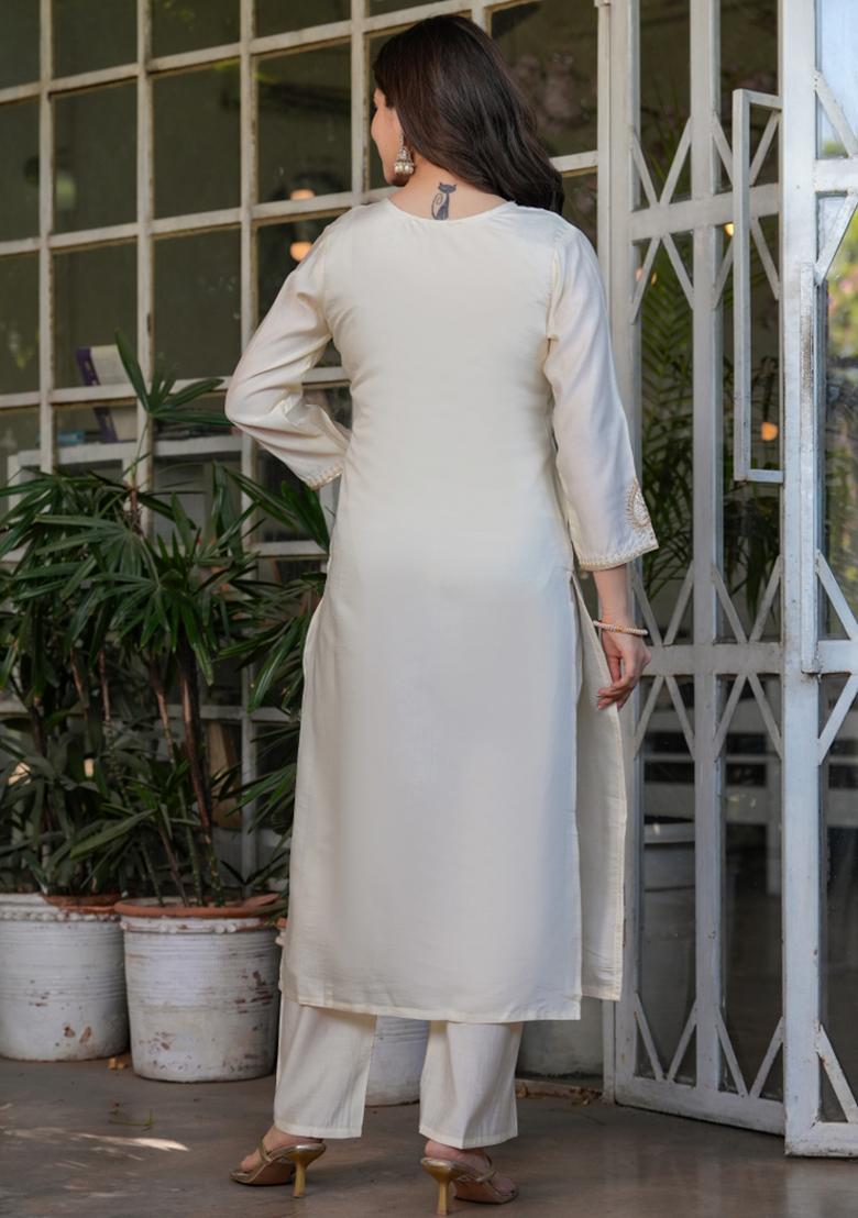 White Chanderi Viscose Embroidered Kurta Set