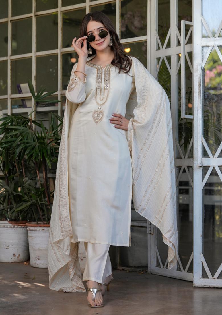 White Chanderi Viscose Embroidered Kurta Set