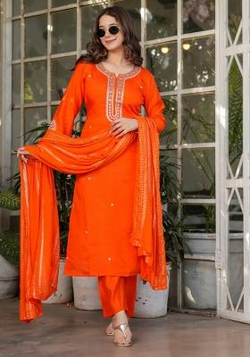 Orange Chanderi Viscose Embroidered Kurta Set