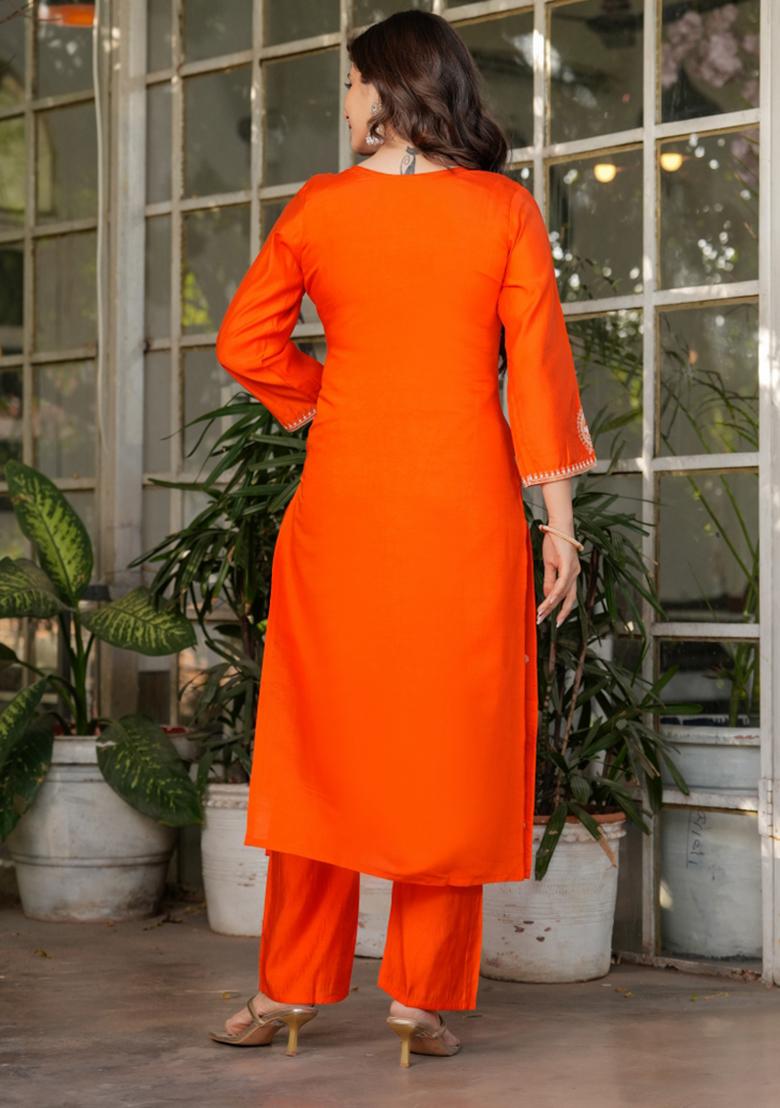 Orange Chanderi Viscose Embroidered Kurta Set
