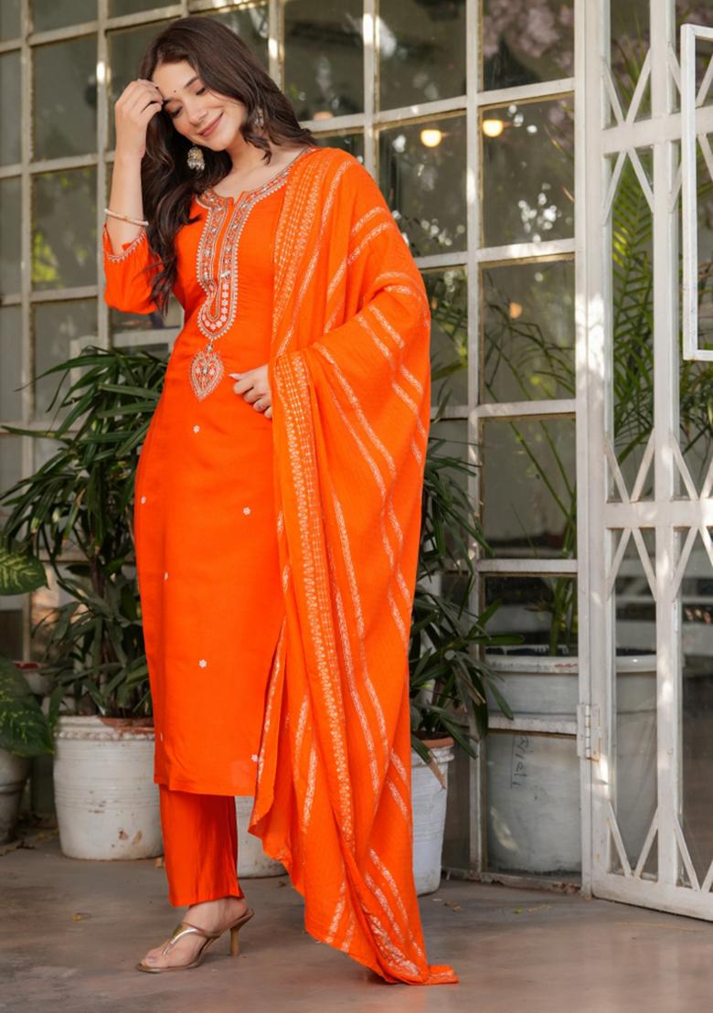 Orange Chanderi Viscose Embroidered Kurta Set