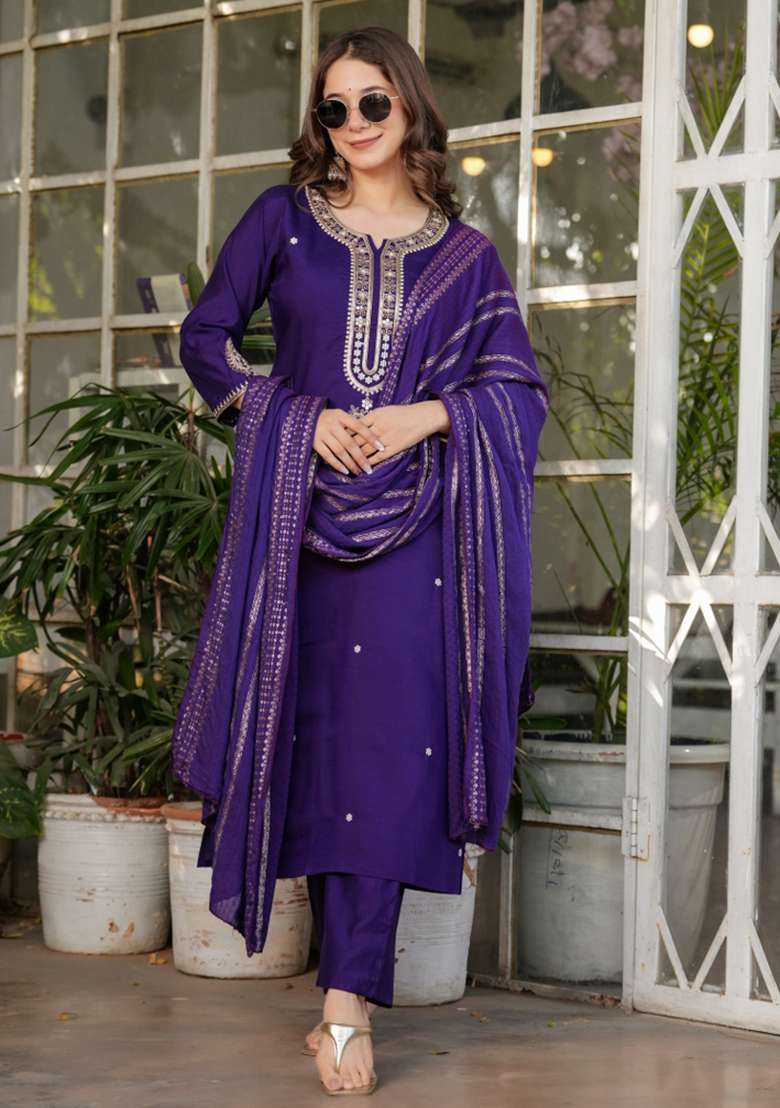 Purple Embroidered Viscose Straight Kurta Set - Indya