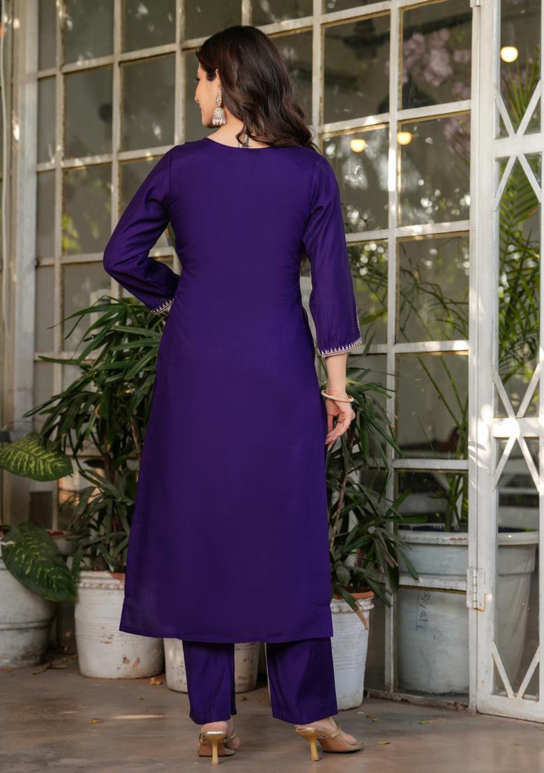 Purple Chanderi Viscose Embroidered Kurta Set