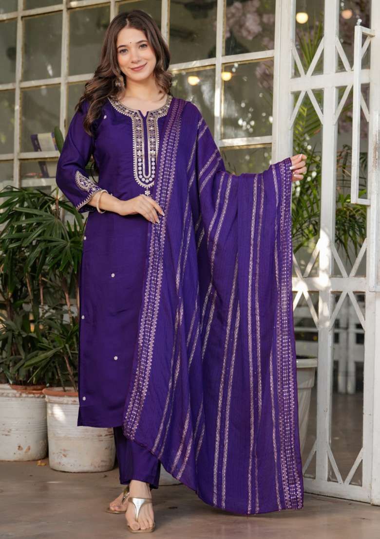 Purple Embroidered Viscose Straight Kurta Set - Indya