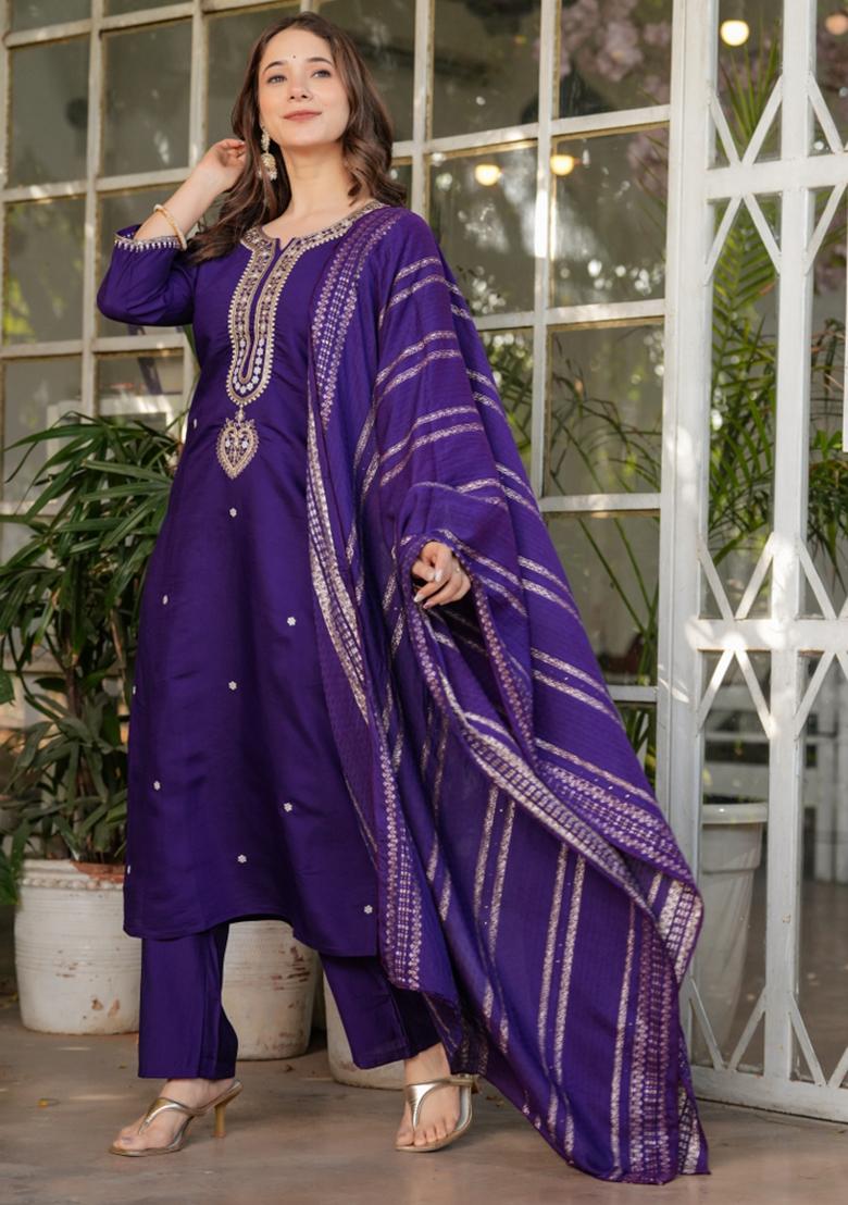 Purple Chanderi Viscose Embroidered Kurta Set