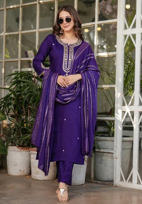 Purple Chanderi Viscose Embroidered Kurta Set