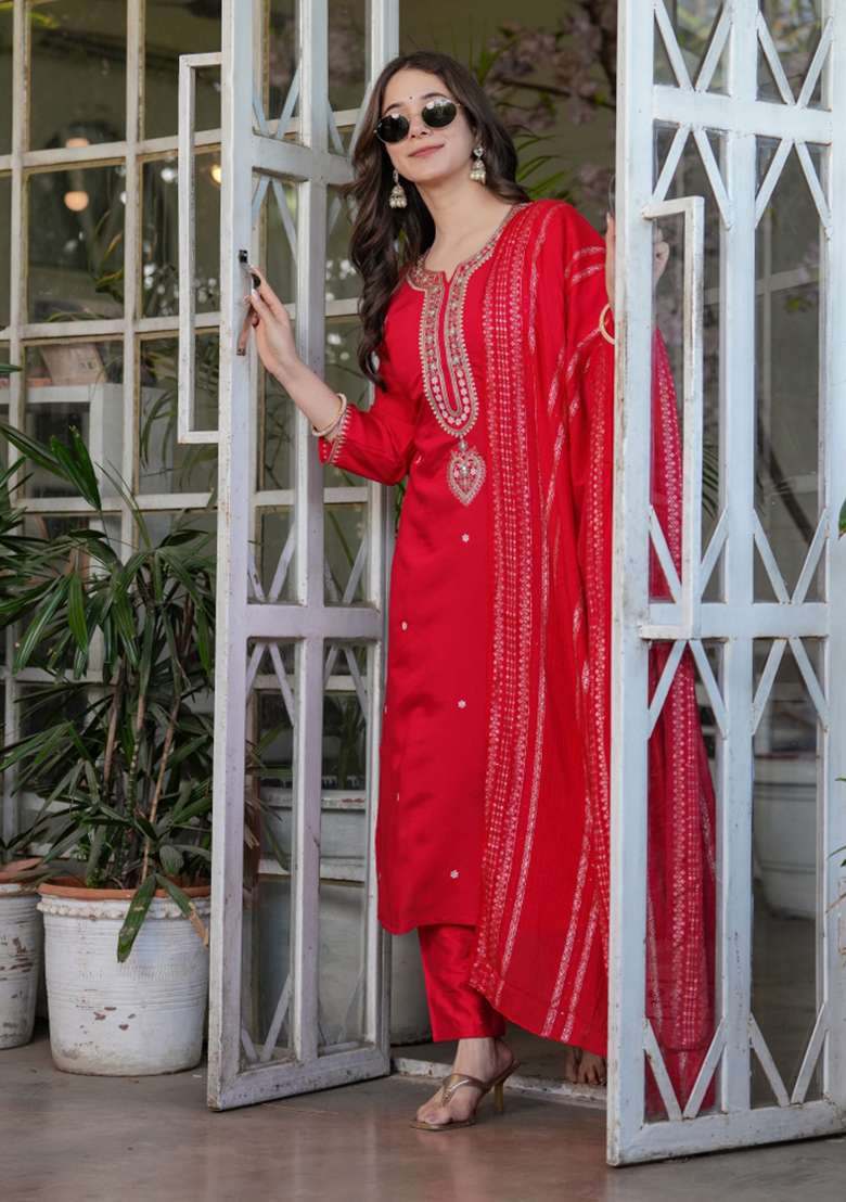 Red Embroidered Viscose Straight Kurta Set - Indya