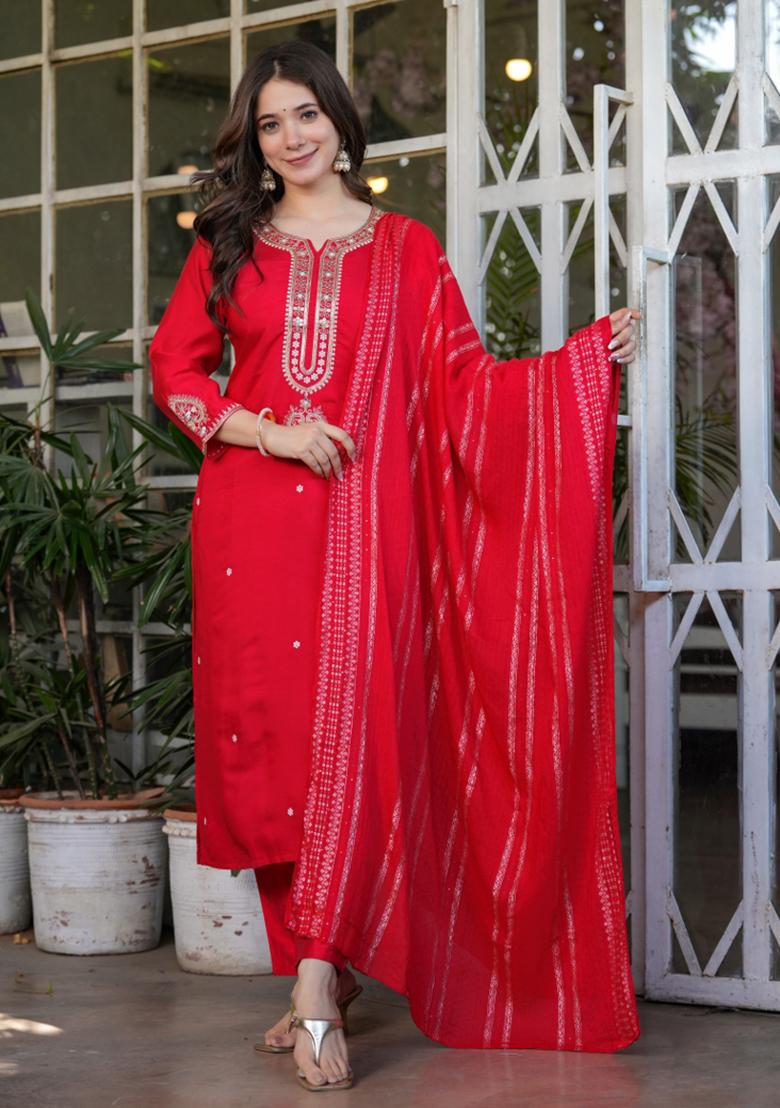 Red Chanderi Viscose Embroidered Kurta Set