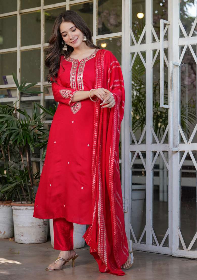 Red Embroidered Viscose Straight Kurta Set - Indya