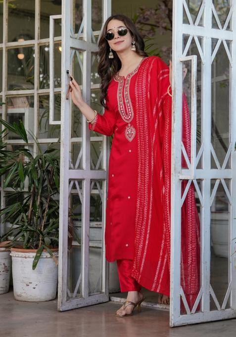 Red Chanderi Viscose Embroidered Kurta Set