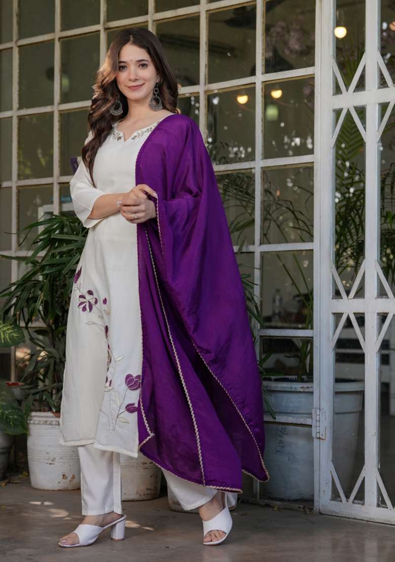 White Embroidered Viscose Straight Kurta Set - Indya