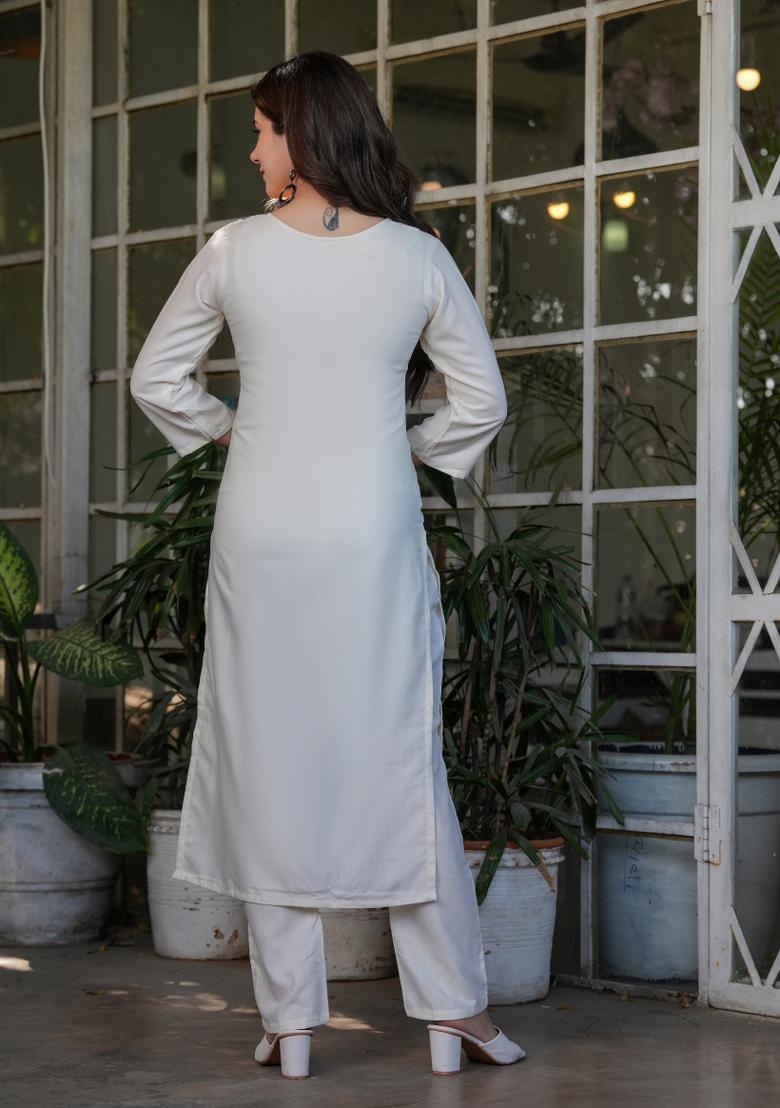 White Viscose Thread Work Kurta Set
