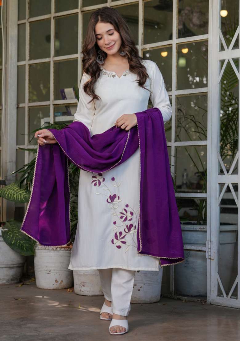 White Embroidered Viscose Straight Kurta Set - Indya