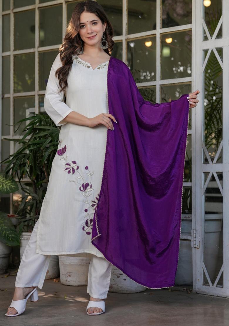 White Viscose Thread Work Kurta Set