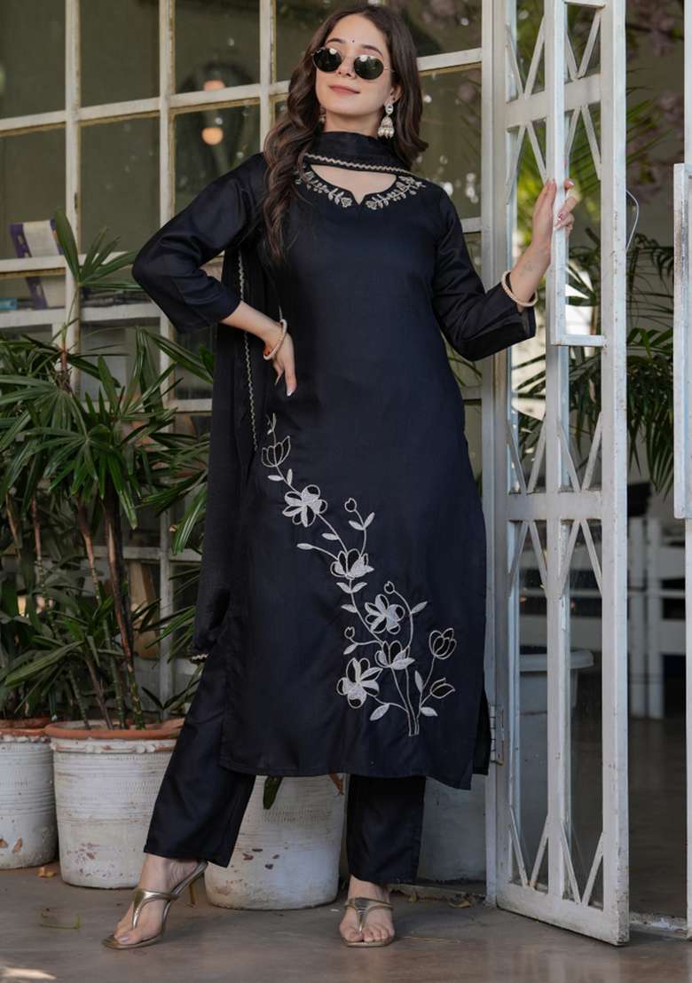 Black Embroidered Viscose Straight Kurta Set - Indya