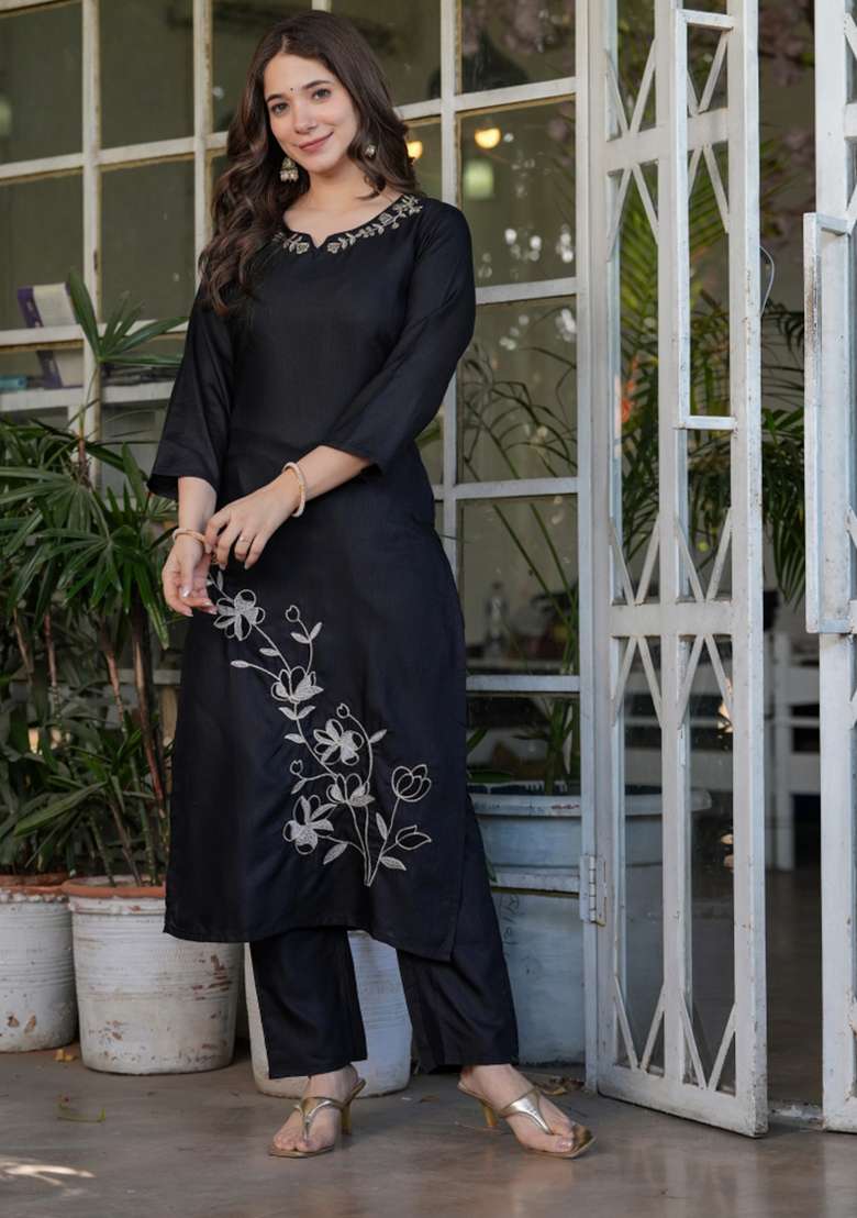 Black Embroidered Viscose Straight Kurta Set - Indya