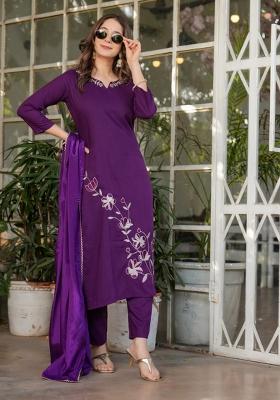 Purple Viscose Thread Work Kurta Set