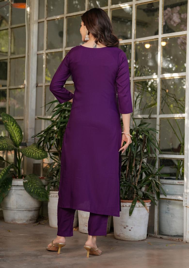 Purple Viscose Thread Work Kurta Set