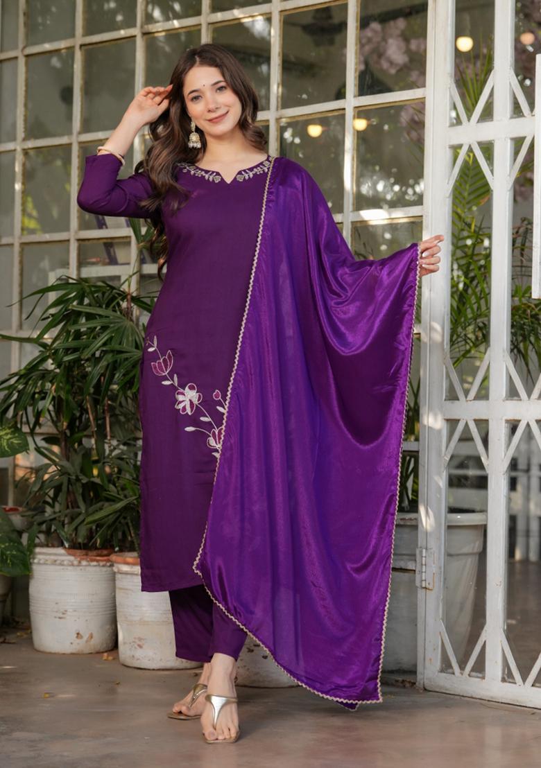 Purple Viscose Thread Work Kurta Set