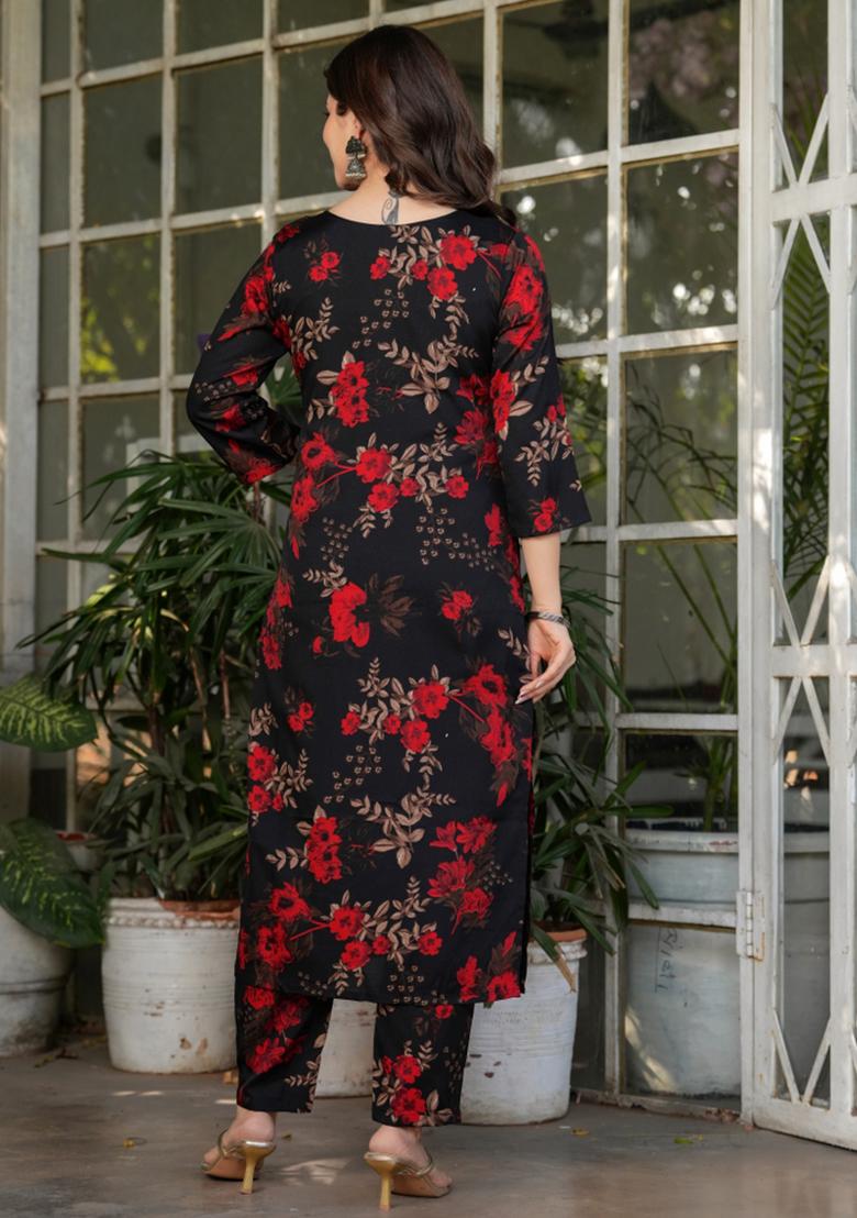Black Silk Blend Embroidered Kurta Set