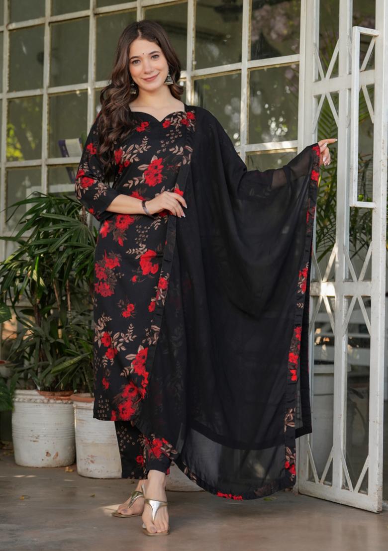 Black Silk Blend Embroidered Kurta Set