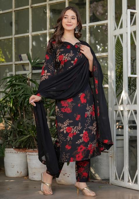 Black Silk Blend Embroidered Kurta Set