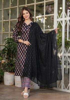 Black Pure Cotton Embroidered Kurta Set