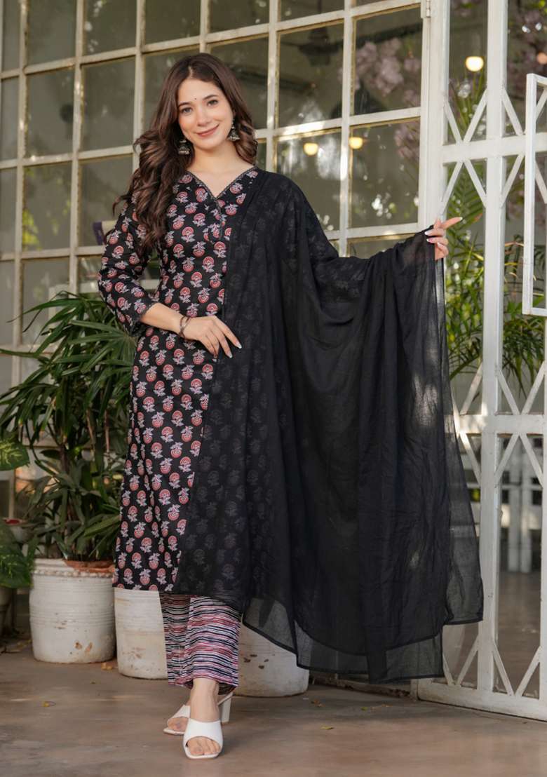 Black Floral Print Cotton Straight Kurta Set - Indya