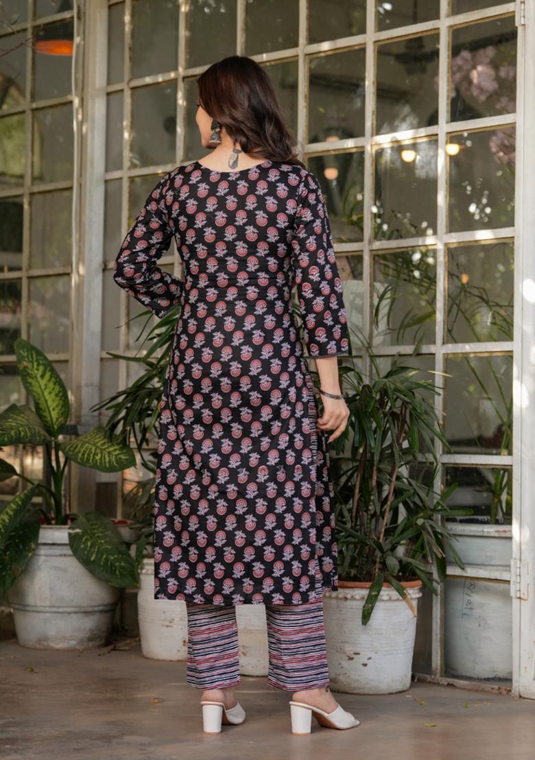 Black Pure Cotton Embroidered Kurta Set