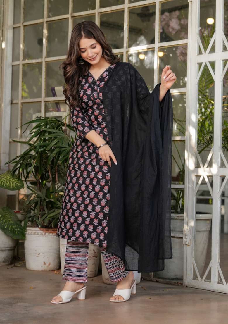Black Floral Print Cotton Straight Kurta Set - Indya
