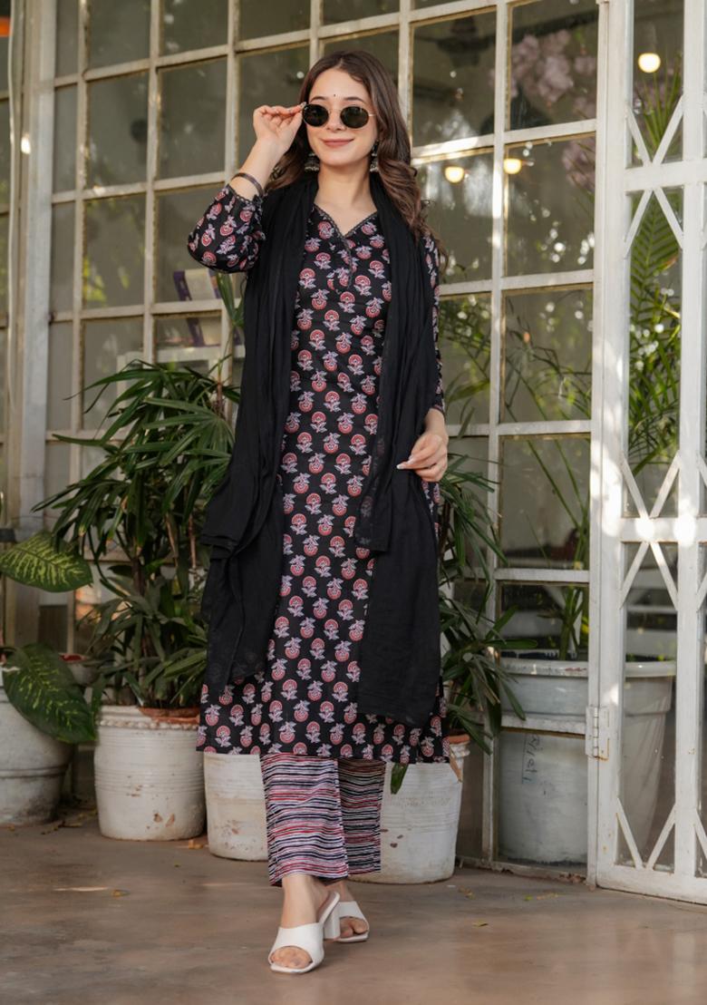 Black Pure Cotton Embroidered Kurta Set