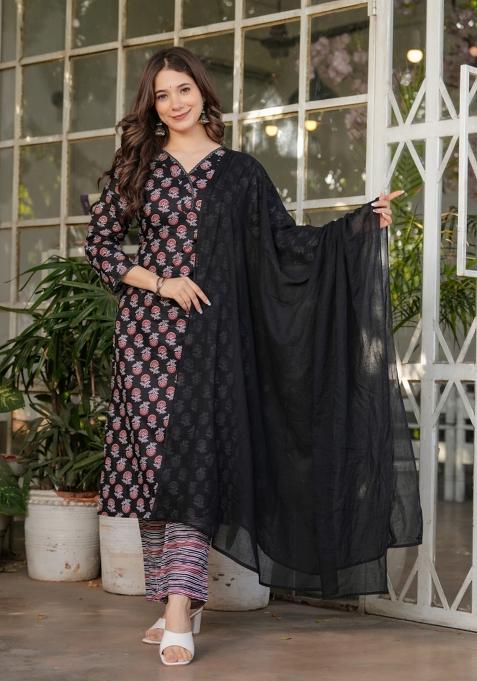Black Pure Cotton Embroidered Kurta Set