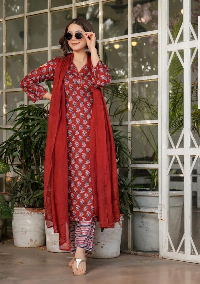 Red Pure Cotton Embroidered Kurta Set
