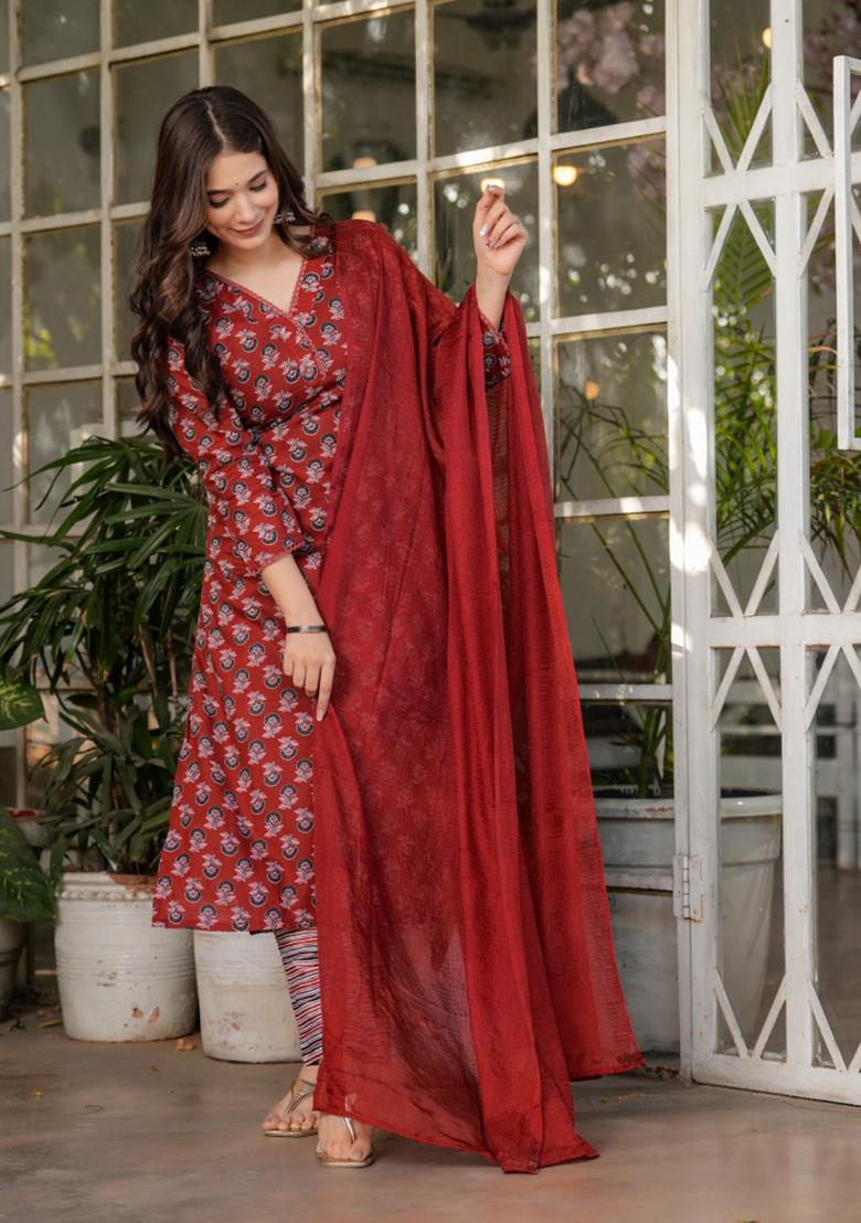 Red Pure Cotton Embroidered Kurta Set