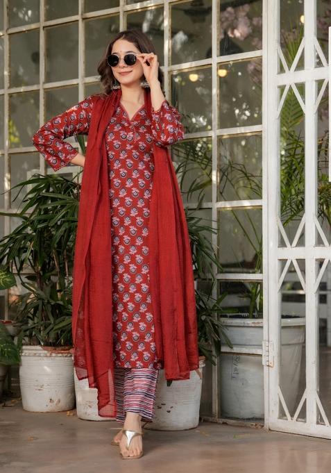 Red Pure Cotton Embroidered Kurta Set