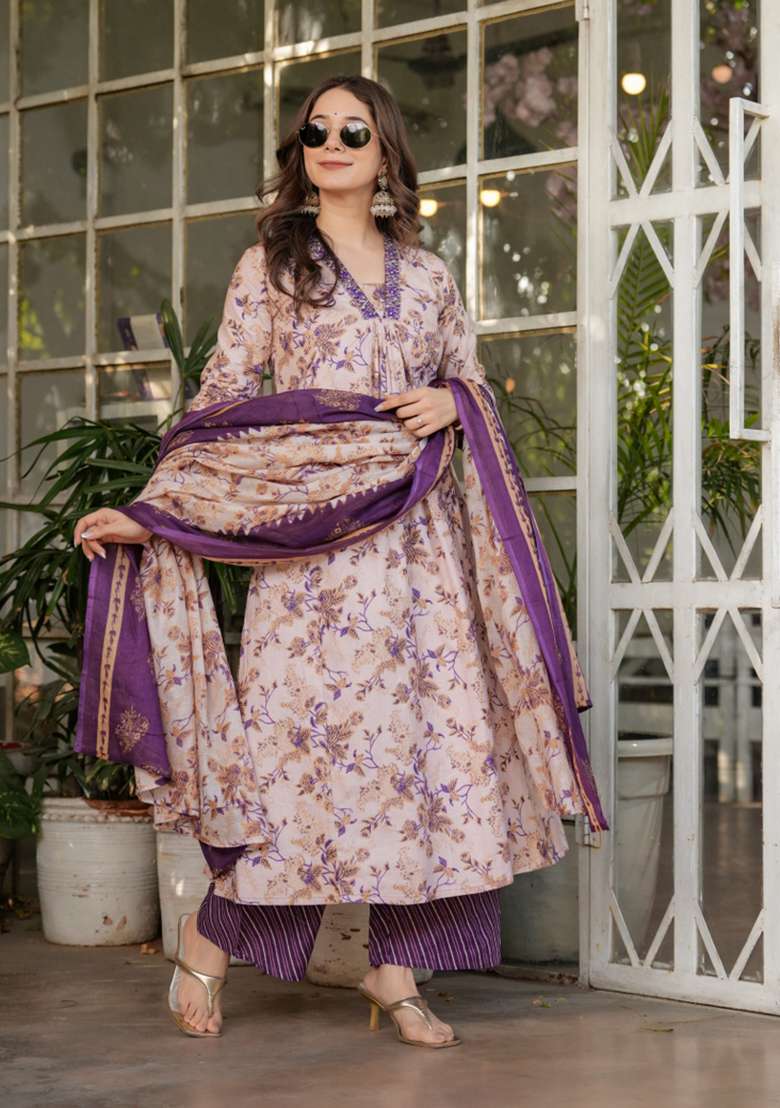 White Floral Print Cotton Straight Kurta Set - Indya