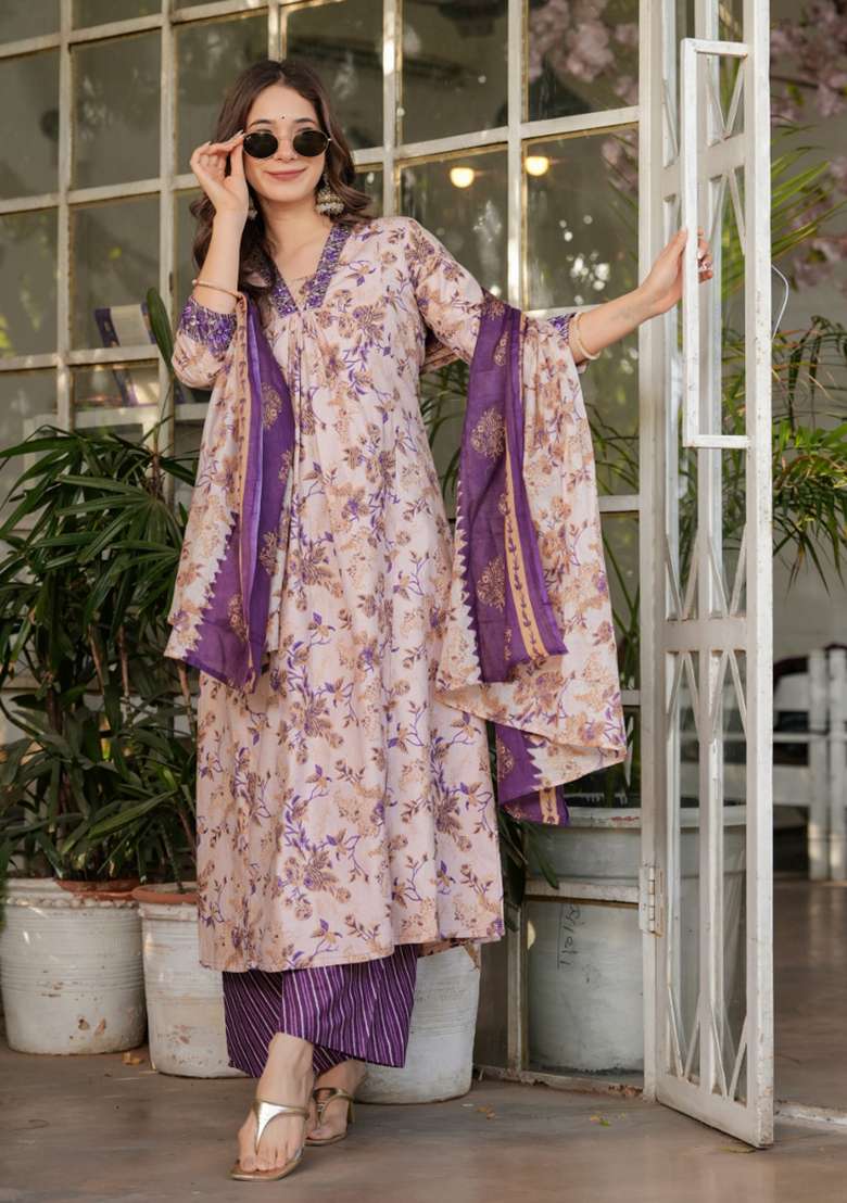 White Floral Print Cotton Straight Kurta Set - Indya