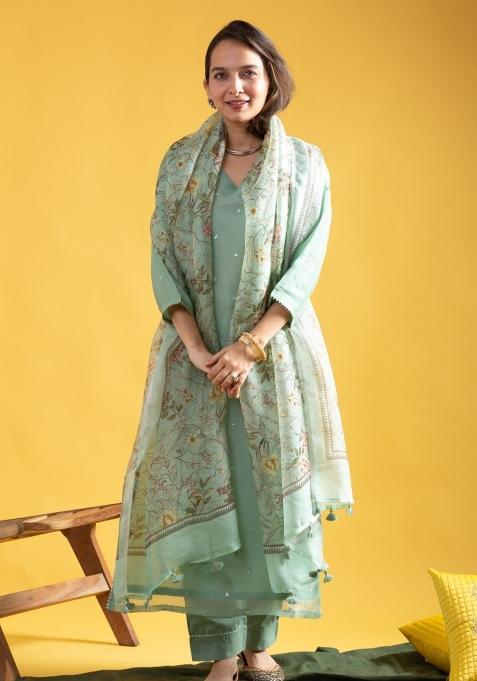 Green Chanderi Viscose Embroidered Kurta Set