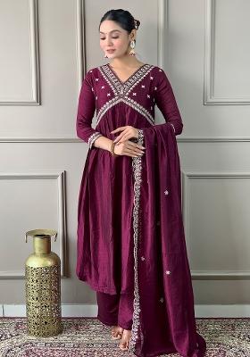 Maroon Vichitra Silk Embroidered Kurta Set