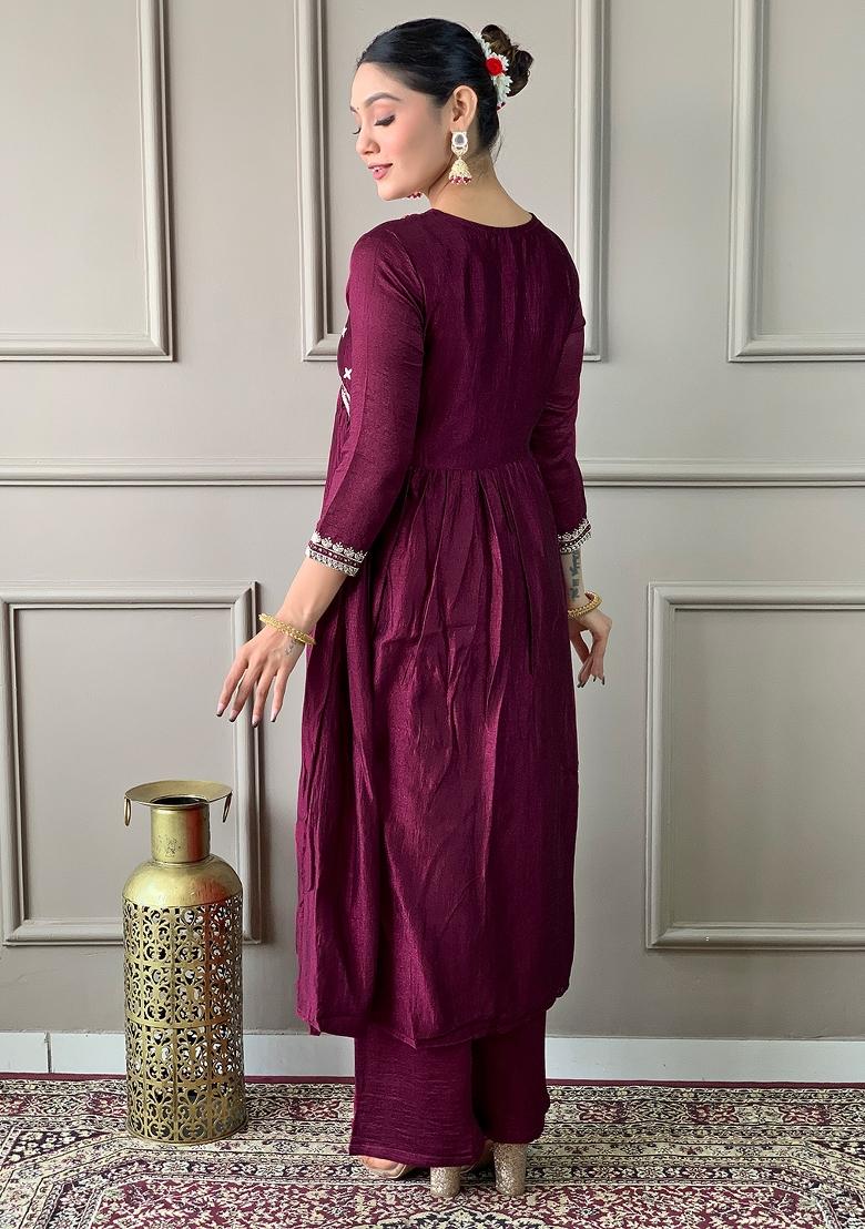 Maroon Vichitra Silk Embroidered Kurta Set