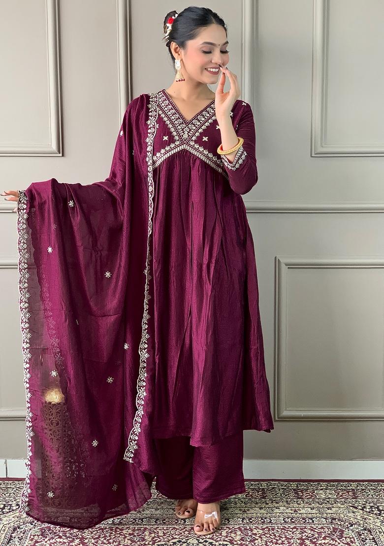 Maroon Vichitra Silk Embroidered Kurta Set