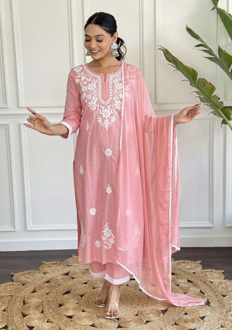 Peach Chikankari Cotton Straight Kurta Set - Indya