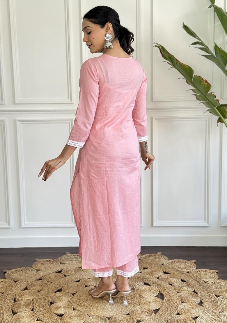 Peach Pure Cotton Embroidered Kurta Set