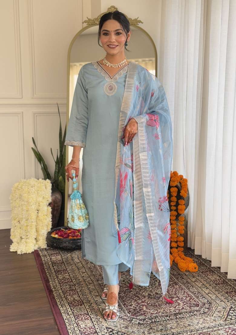 Blue Silk Embroidered Kurta Set - Indya