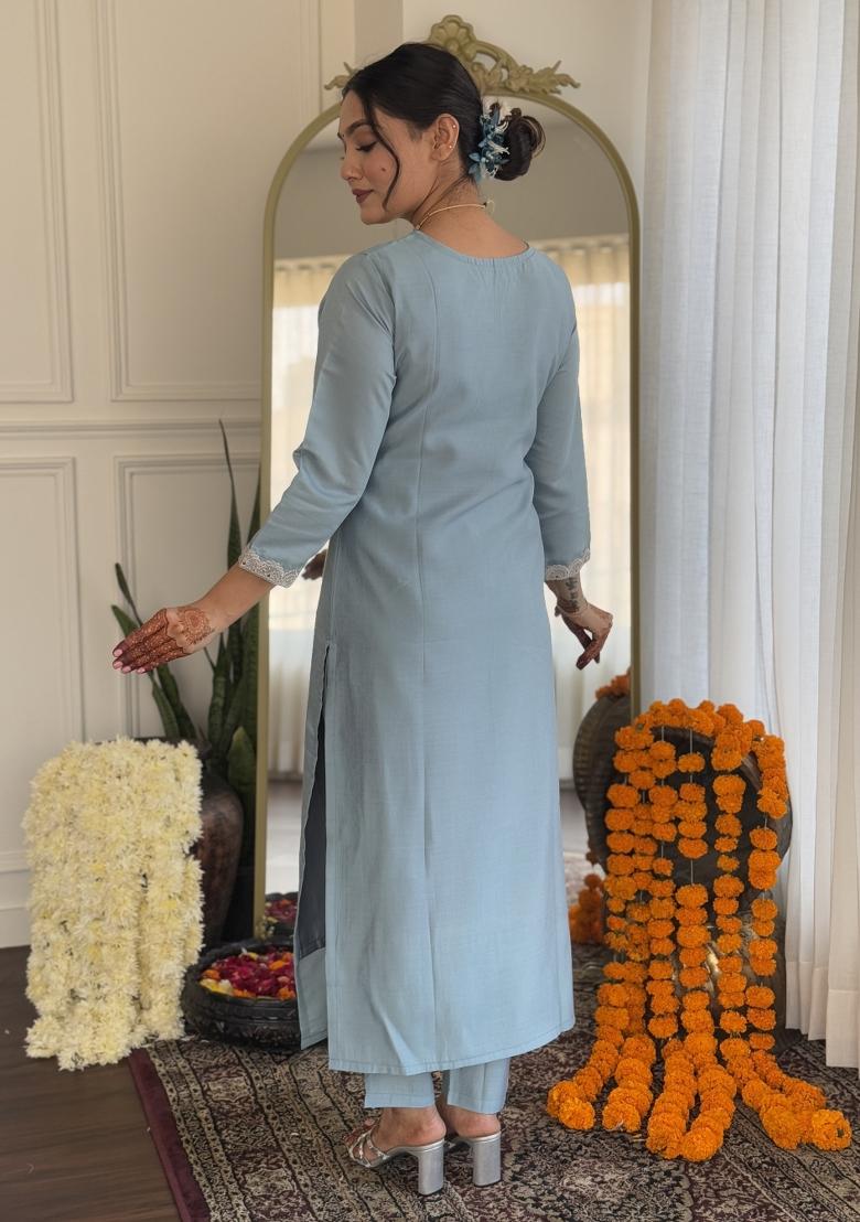Blue Silk Embroidered Kurta Set