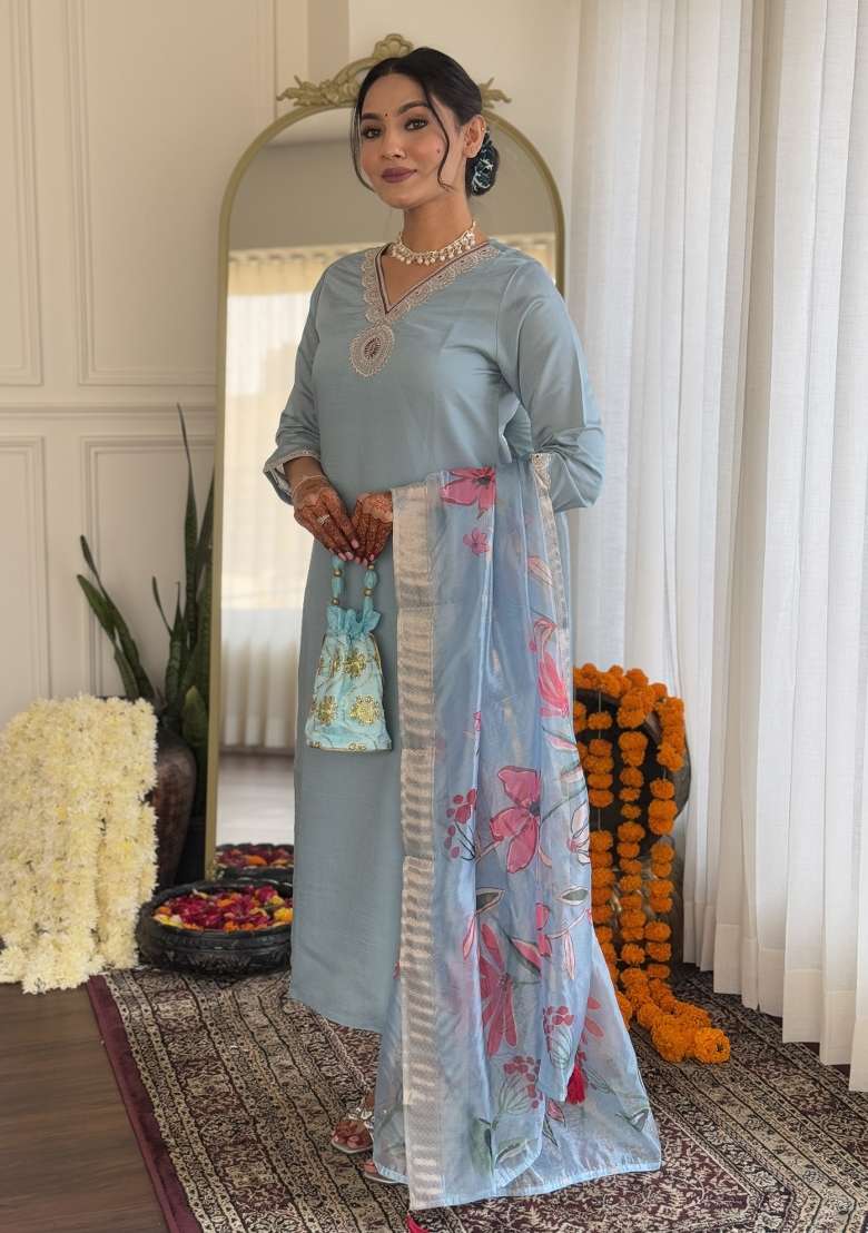 Blue Silk Embroidered Kurta Set - Indya