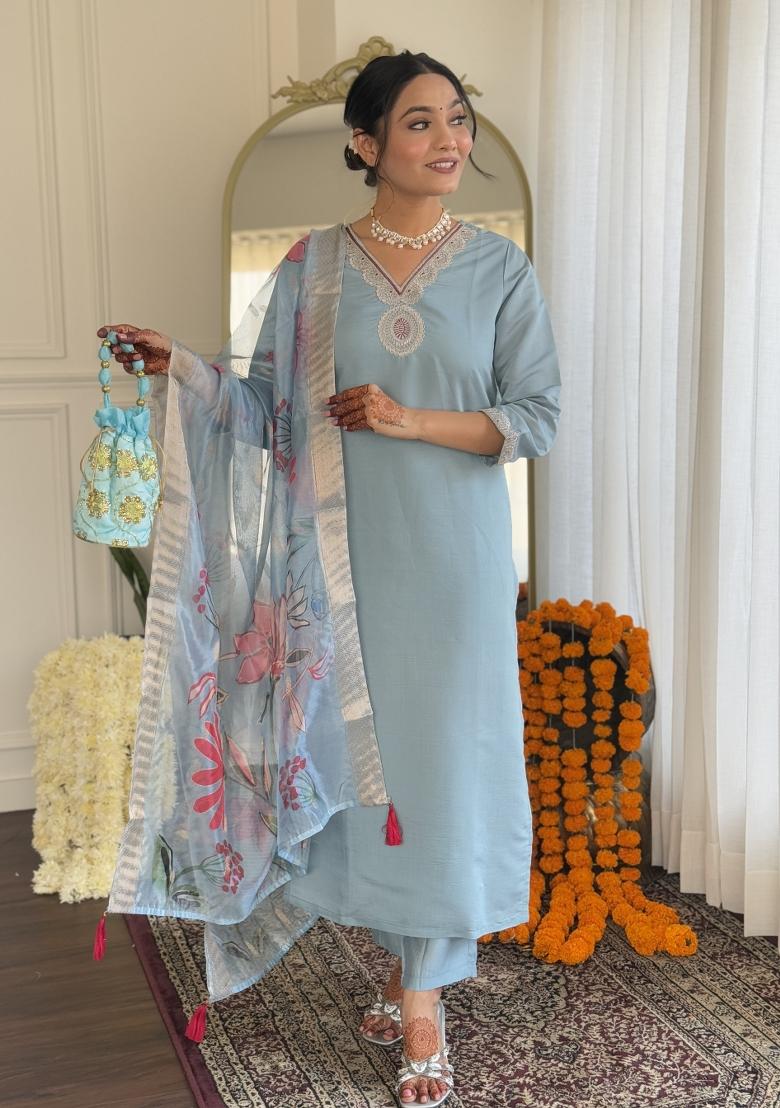 Blue Silk Embroidered Kurta Set