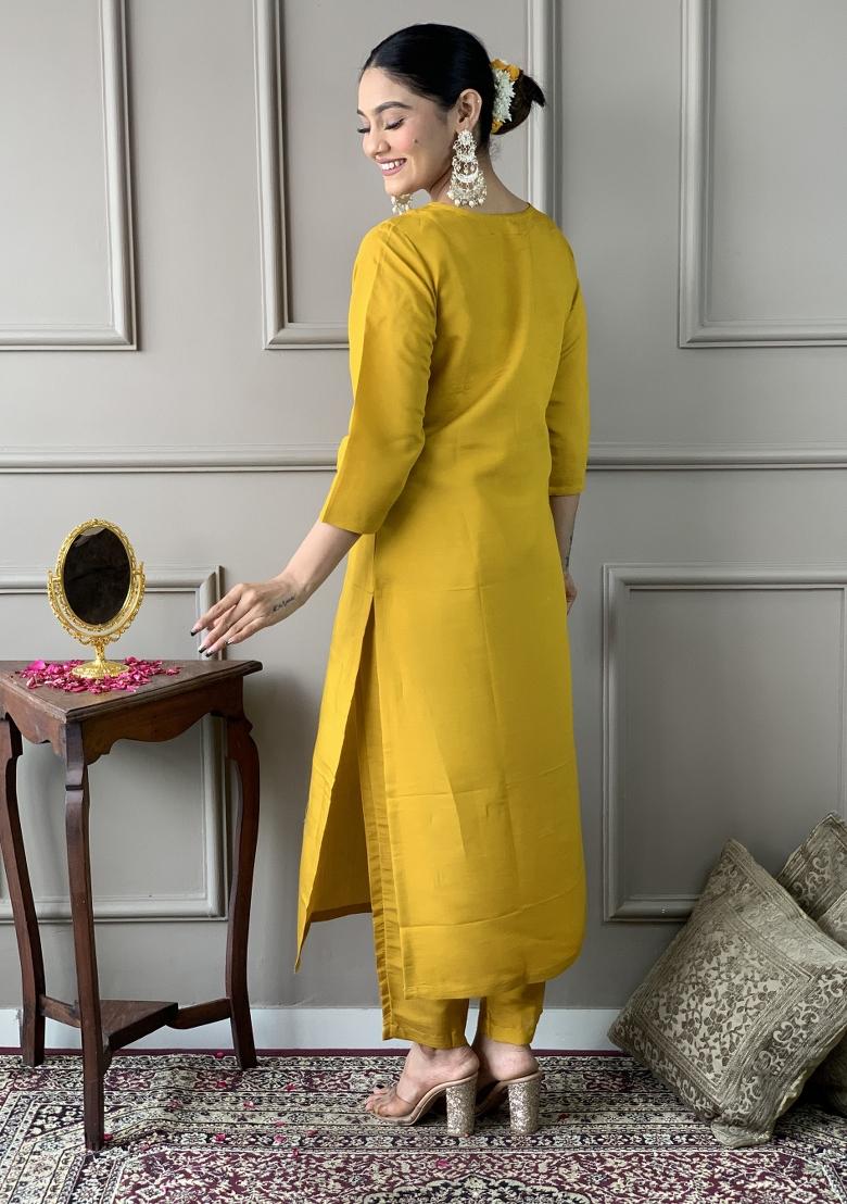 Yellow Chanderi Embroidered Kurta Set